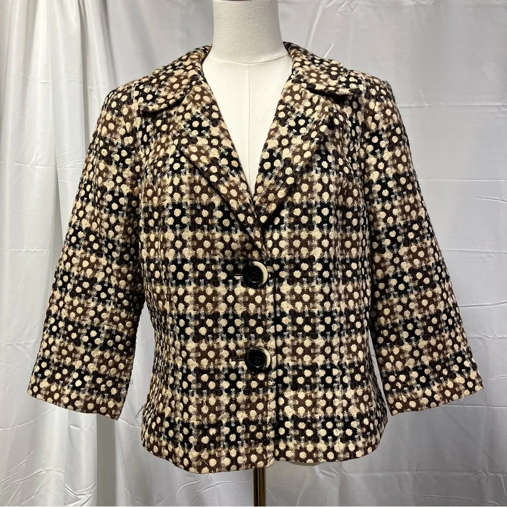 Sigrid Olsen Wool Blazer Lined‎ geometric Plaid Black Brown Preppy Secretary L